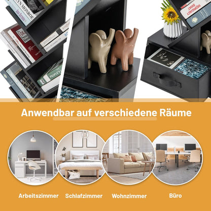 10-Stöckiges Baum-Bücherregal Mit Schublade Bodenstehendes Lagerregal Schwarz