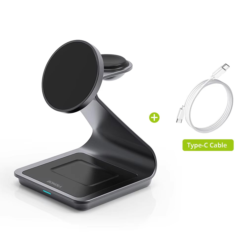 Magnetische 3-in-1 Wireless Ladestation 30W – MagSafe Ladegerät für iPhone, Apple Watch & AirPods, Schnellladegerät aus Aluminium mit USB-C