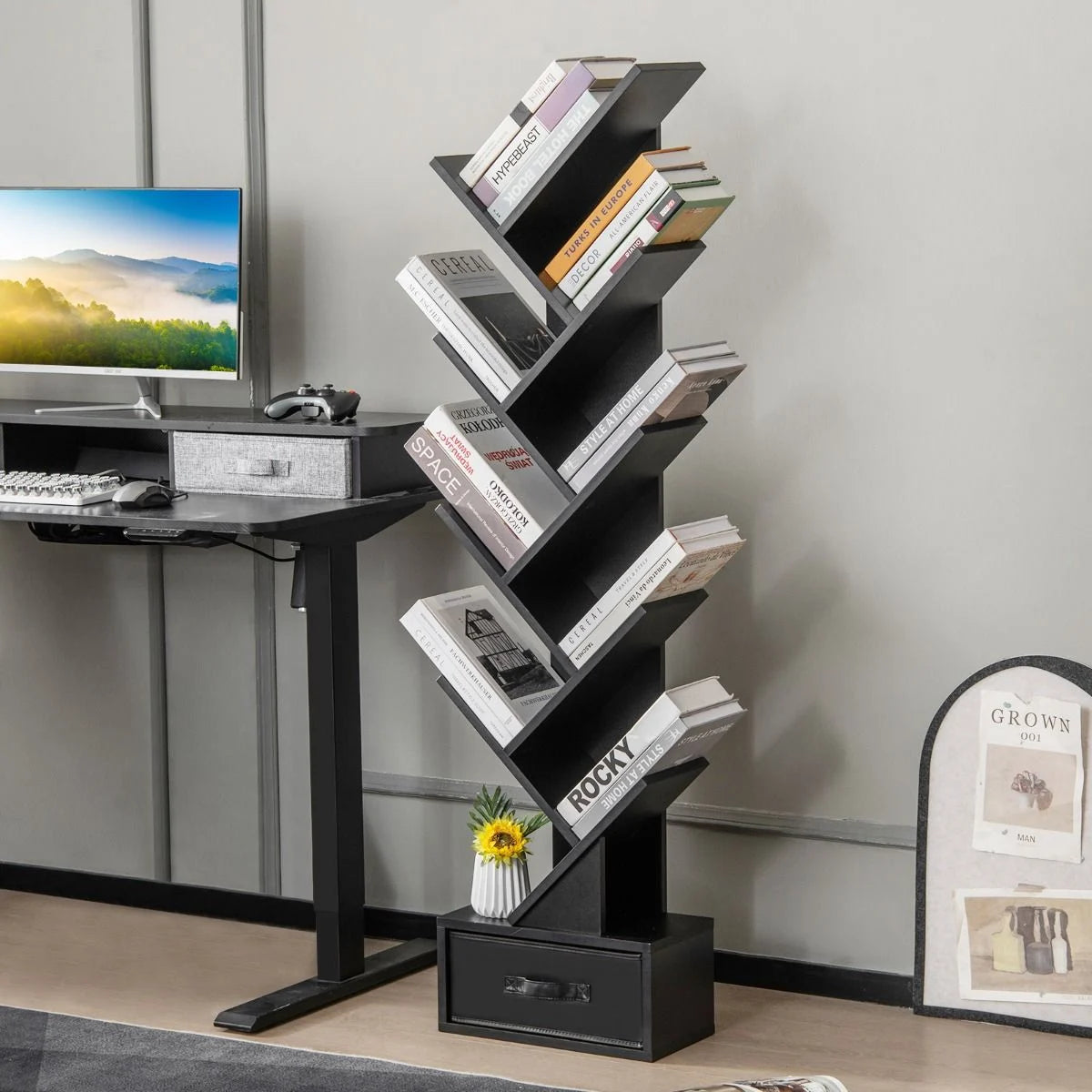 10-Stöckiges Baum-Bücherregal Mit Schublade Bodenstehendes Lagerregal Schwarz