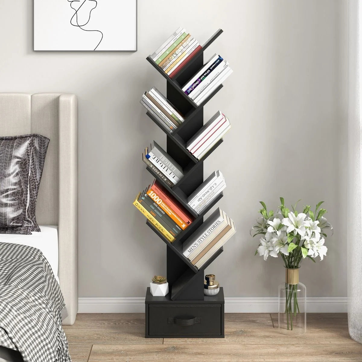 10-Stöckiges Baum-Bücherregal Mit Schublade Bodenstehendes Lagerregal Schwarz
