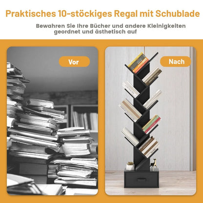 10-Stöckiges Baum-Bücherregal Mit Schublade Bodenstehendes Lagerregal Schwarz