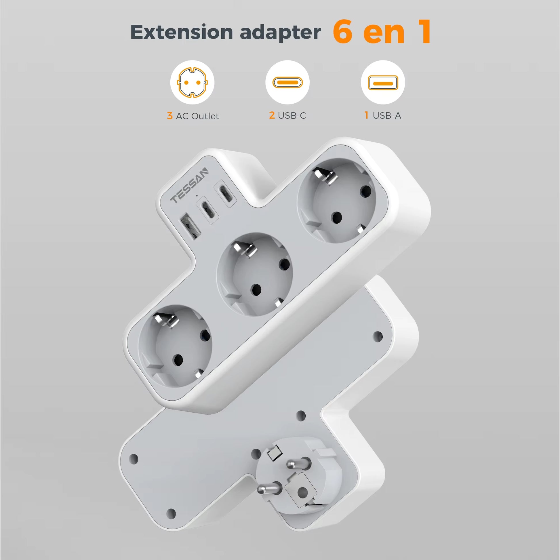 3 Way Wall Socket with USB Surge Protection 6-In-1 Wall Plug Adapter with 3 USB Ports for Smartphone Laptop Camera Travel