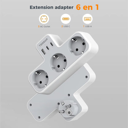 3 Way Wall Socket with USB Surge Protection 6-In-1 Wall Plug Adapter with 3 USB Ports for Smartphone Laptop Camera Travel
