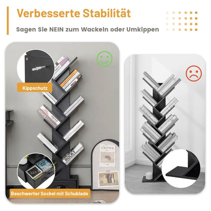 10-Stöckiges Baum-Bücherregal Mit Schublade Bodenstehendes Lagerregal Schwarz
