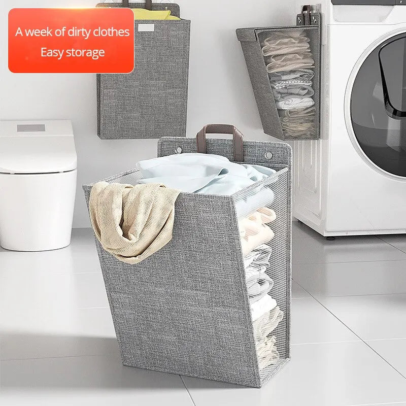 1Pc Foldable Adhesive Laundry Basket Hamper, Multifunctional Punch Free Wall Hanging Washing Clothes Mesh Hook Organizer